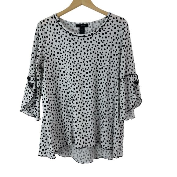 Ali Miles Top Womens L White Black Polka Dots Rose‎ Buttons Pullover 3/4 Sleeve - Picture 1 of 7